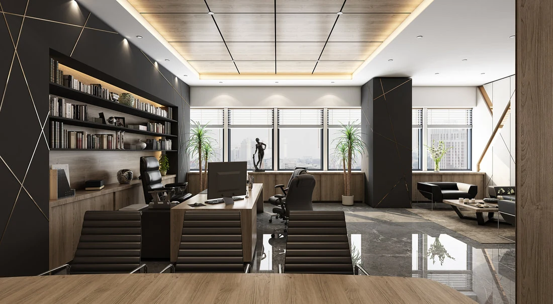 Ahşap kitaplık ve toplantı masası bulunan ofis