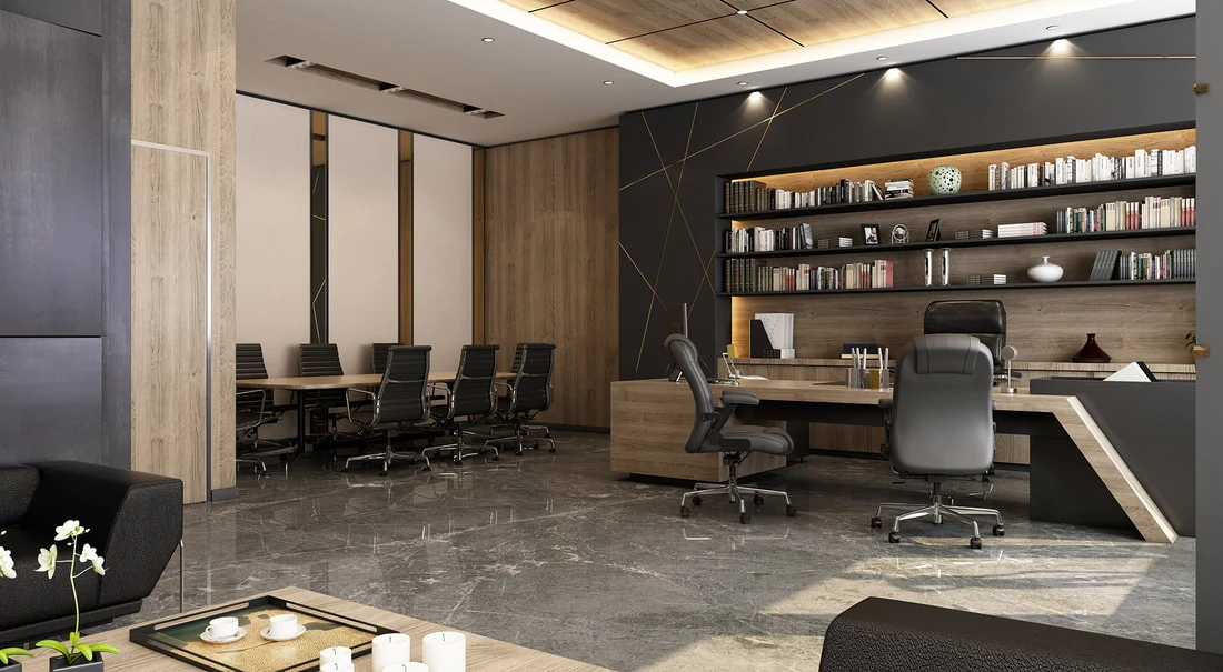 Toplantı masası, yönetici masası ve geniş kitaplıklı ofis